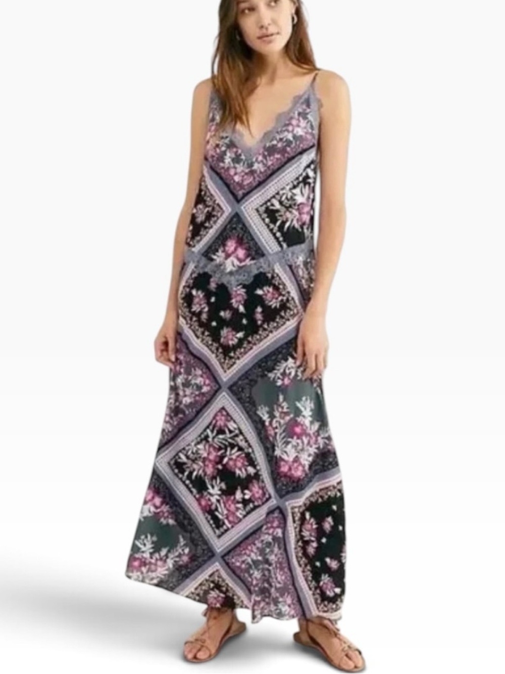 Free People Patchwork Floral Slip Maxi Dress in Black and Pink